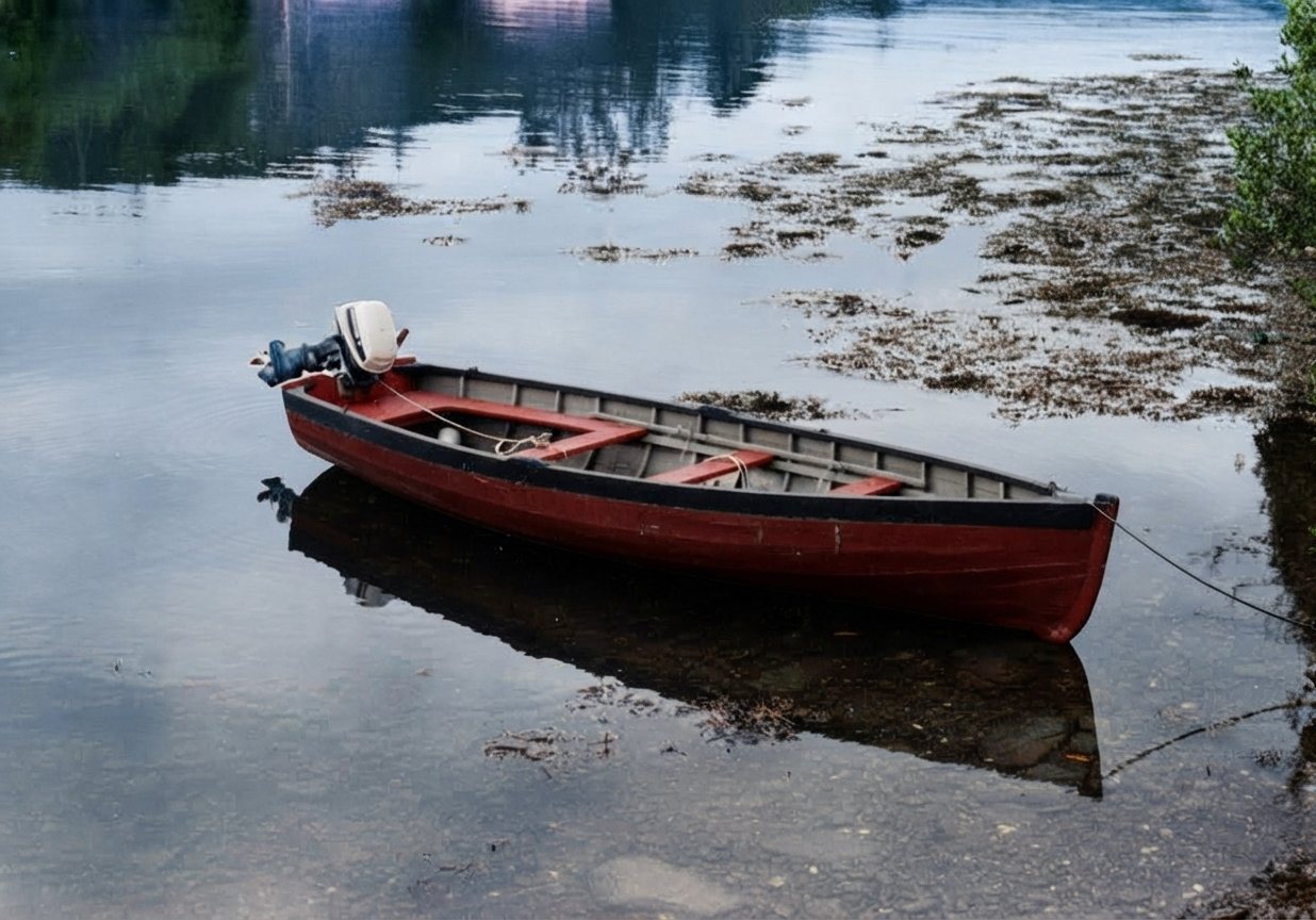 Red rowboat on still water