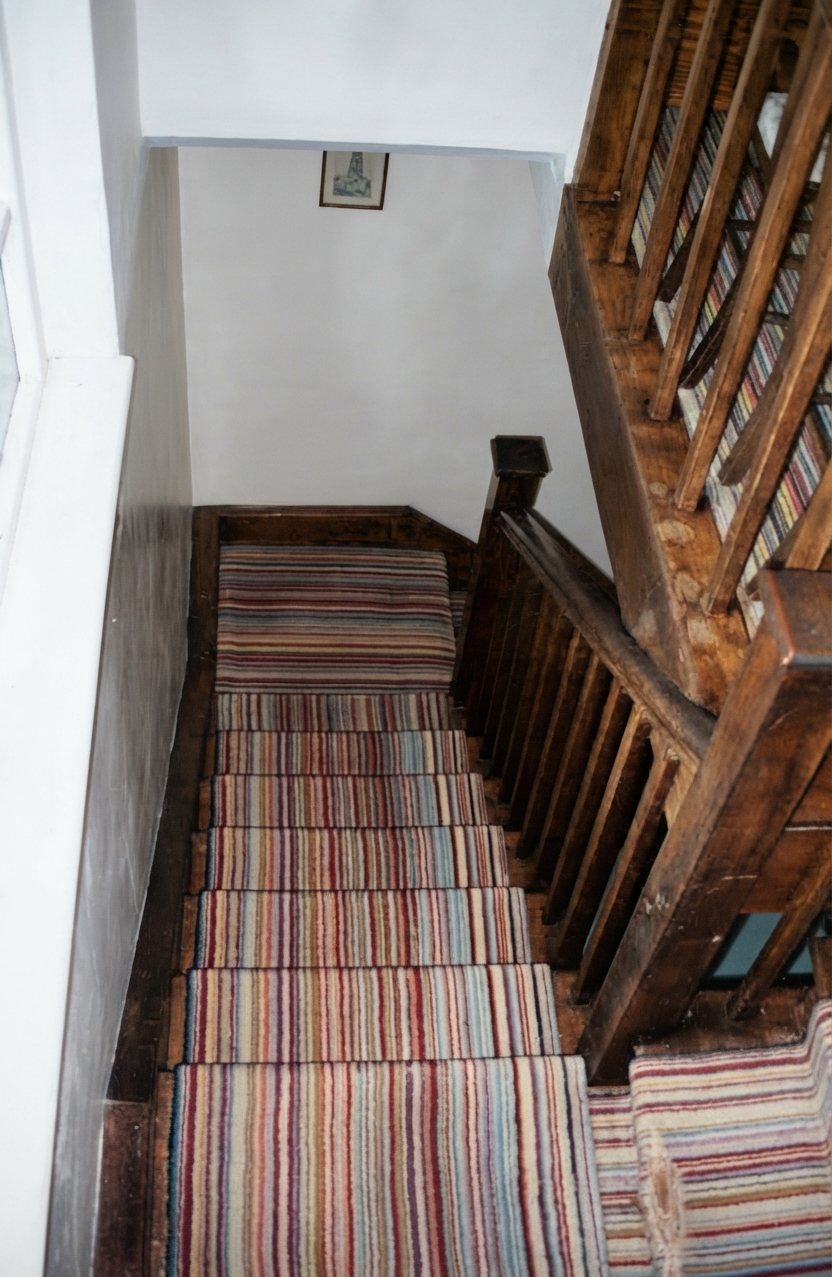 Wooden staircase with striped runner