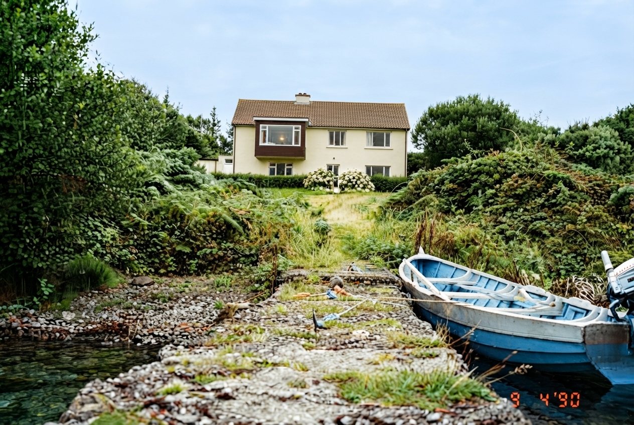 House glimpsed alongside the water with a small boat