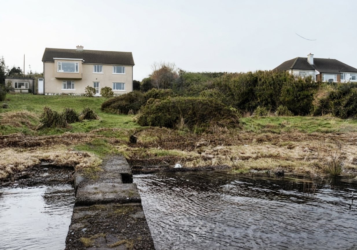House seen from across the water via a stone causeway