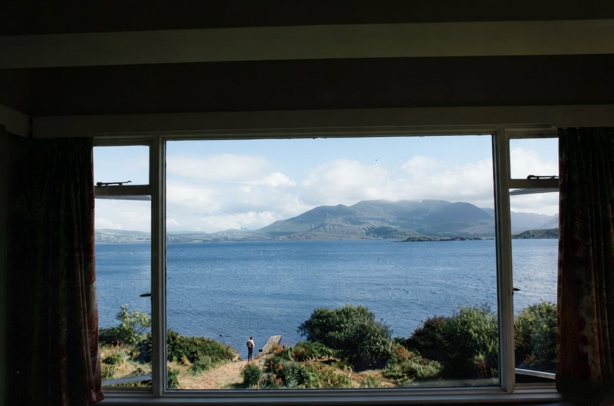 The same view, framed through the living room window