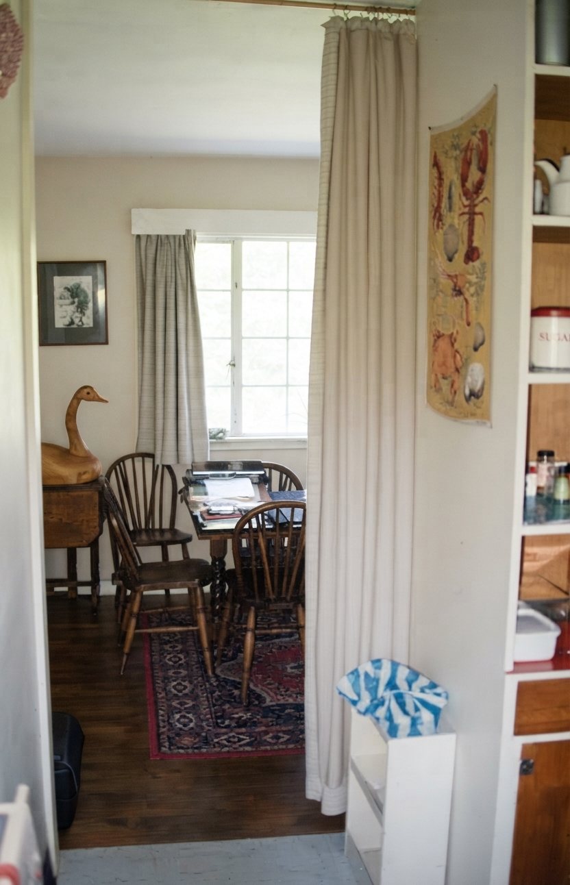 Dining nook glimpsed through a curtained doorway